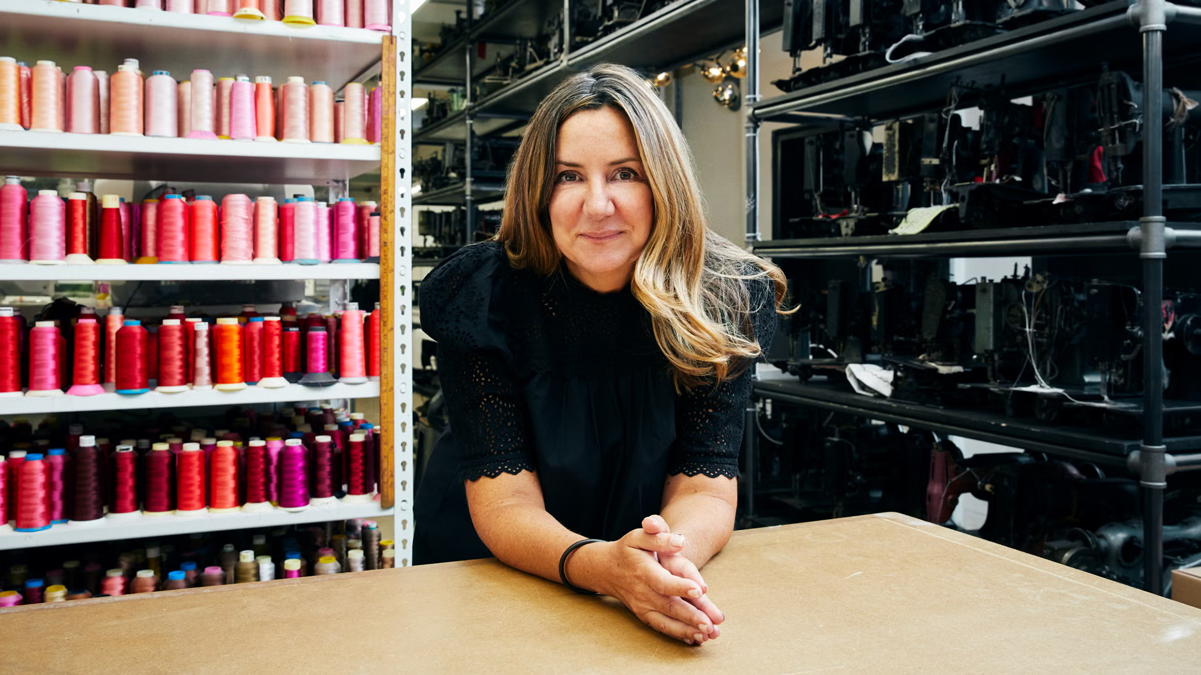 Michelle Feinberg, Founder of New York Embroidery Studio and NYES Protect, at her worktable in the studio